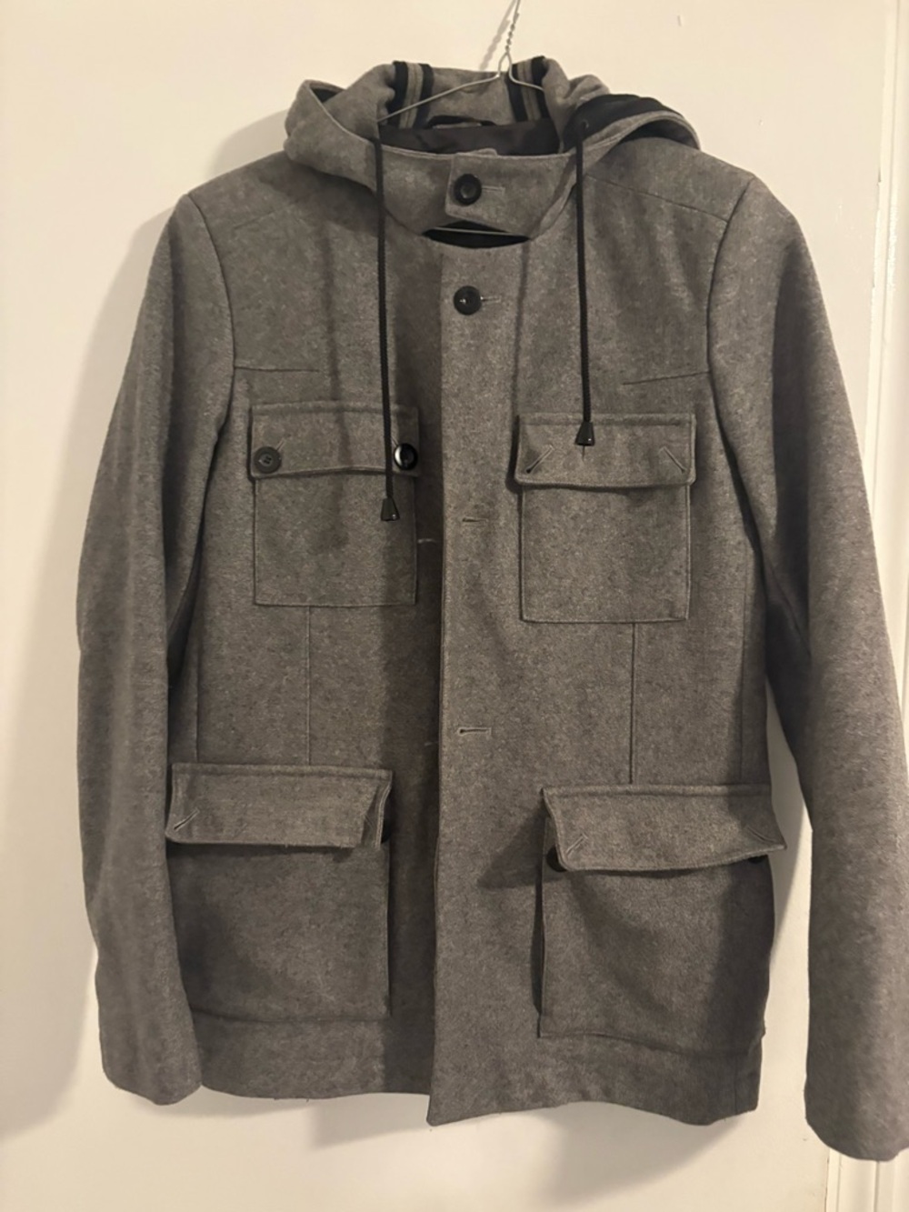 Reiss Gray Hooded Field Jacket with Flap Pockets